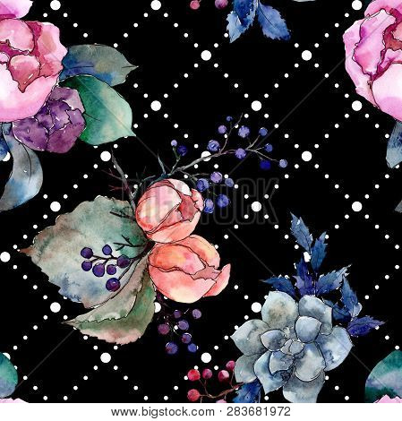 Peony And Succulent Bouquet Floral Flower. Watercolor Background Illustration Set. Seamless Backgrou