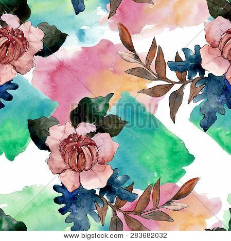 Peony And Succulent Bouquet Floral Flower. Watercolor Background Illustration Set. Seamless Backgrou