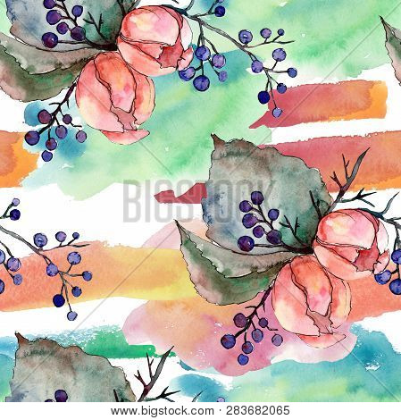 Peony And Succulent Bouquet Floral Flower. Watercolor Background Illustration Set. Seamless Backgrou