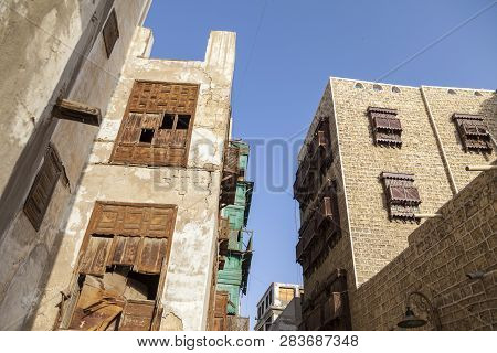 Old City In Jeddah Saudi Arabia Known As Historical Jeddah. Old And Heritage Windows And Doors In Je