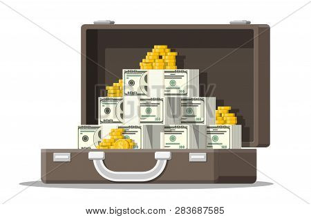 Open Leather Suitcase Full Of Money. Stacks Of Dollar Banknotes And Golden Coins In Case. Symbol Of 