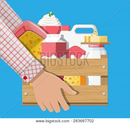 Milk Products Set In Wooden Box With Cheese, Cottage And Butter. Dairy Food. Tradicional Fresh Farm 