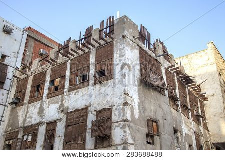 Old City In Jeddah Saudi Arabia Known As Historical Jeddah. Old And Heritage Windows And Doors In Je