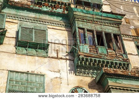 Old City In Jeddah Saudi Arabia Known As Historical Jeddah. Old And Heritage Windows And Doors In Je