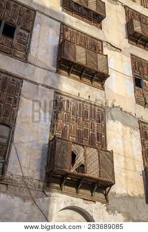 Old City In Jeddah Saudi Arabia Known As Historical Jeddah. Old And Heritage Windows And Doors In Je
