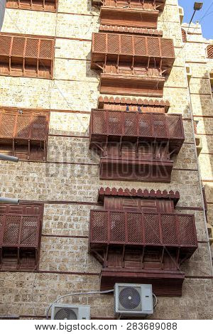 Old City In Jeddah Saudi Arabia Known As Historical Jeddah. Old And Heritage Windows And Doors In Je