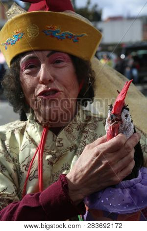 LOS ANGELES - FEBRUARY 9, 2019: Golden Dragon Parade in the streets of China Town Los Angeles. Chico McRooster and his people perform wave and visit with guest at the Chinese New Year celebration.

