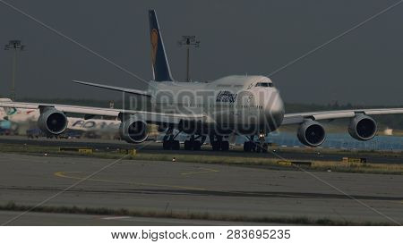 Frankfurt Am Main, Germany - July 21, 2017: Jumbojet Boeing 747 Of Lufthansa Airlines Taxiing To The