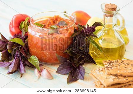 Cooked Lecho With Bright Bell Peppers And Basil