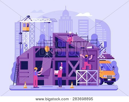 Modern House Construction Site Scene. Process Of Building Contemporary And Environmentally Friendly 