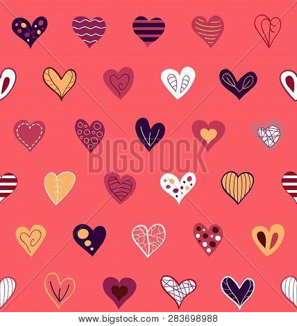 Vector Seamless Pattern Of Hearts. Vector Background For Fabric, Textile, Posters, Gift Wrapping Pap
