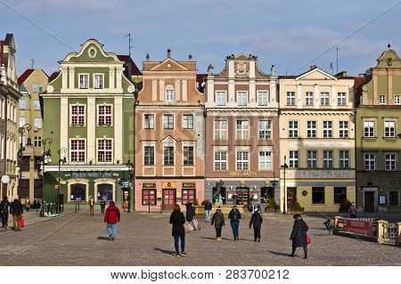 Poznan/poland - February 6th 2019: The Old Town Square With Historic Buildings, Popular Touristic De