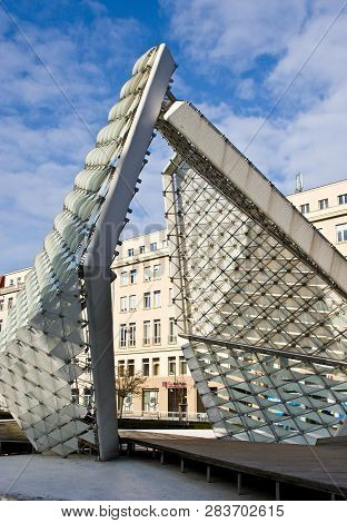 Poznan/poland - February 6th 2019: The Modern Fountain Building In The City Square. Freedom Square (