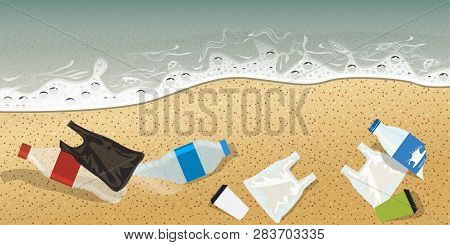 Plastic Bottle And Other Plastics On Seashore Pollution Concept Advertisement Template Composition. 