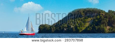 Beautiful Yacht At Full Spead, Training For Boat Race Team Unidentified . Copy Space. Panoramic View
