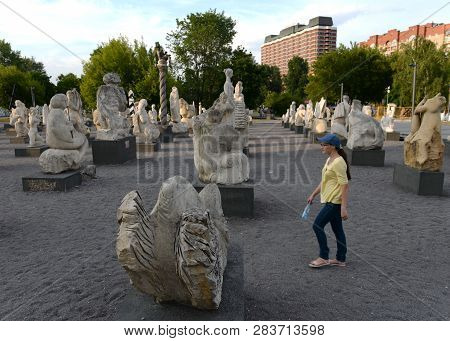 Moscow, Russia - June 29, 2018: Exhibition Of Sculptures Under The Open Sky In The Art Park 