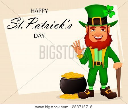 Saint Patrick Day Greeting Card With Cute Funny Cartoon Character Leprechaun Standing Near Pot With 