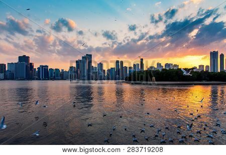 Beautiful Sunset Over Emirate Of Sharjah Skyline In The Uinted Arab Emirates