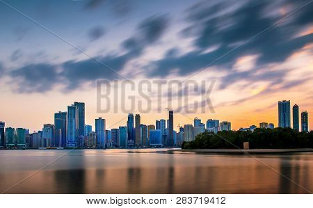 Beautiful Sunset Over Emirate Of Sharjah Skyline In The Uinted Arab Emirates
