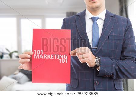 Male Salesperson Advertising Onehundred And One Marketing On Red Paper As Must-know Concept