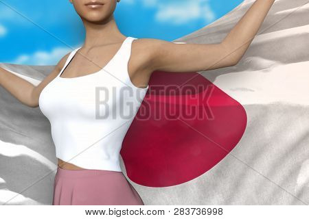 Beautiful Girl In Bright Skirt Is Holding Japan Flag In Her Hands Behind Her On The Cloudy Sky Backg