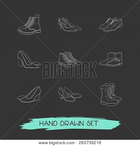 Set Of Shoe Types Icons Line Style Symbols With Pump Shoes, Slingbacks, Wedge Heel And Other Icons F