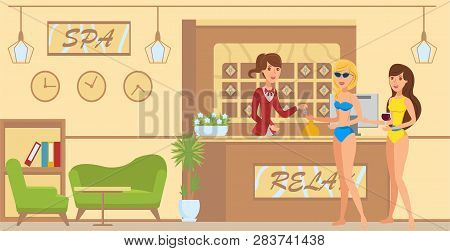 Hotel Reception Flat Vector Illustration. Lobby Interior Design. Receptionist Giving Key. Two Girlfr