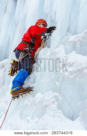 Ice Climber Preraring Running Belay, Screwing Ice Screw Into Glacier Surface