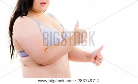 Plus Size Fat Mature Woman Wearing Bra Lingerie Giving Thumb Up, On White. Happy Body Positive Femal