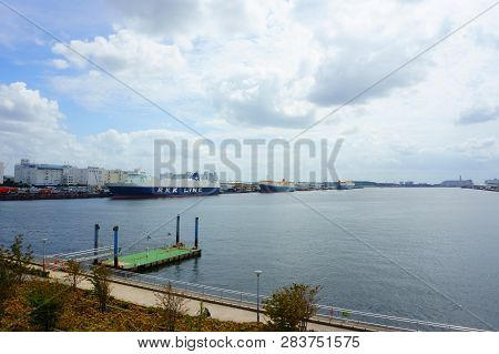 Tokyo / Japan - Sept 12 2018: Aomi Station, Odaiba Neighborhood. Large Dock For Ship