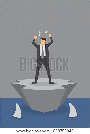 Helpless Businessman Stranded On A Tiny Island Surrounded By Sharks Swimming In The Sea. Concept Vec