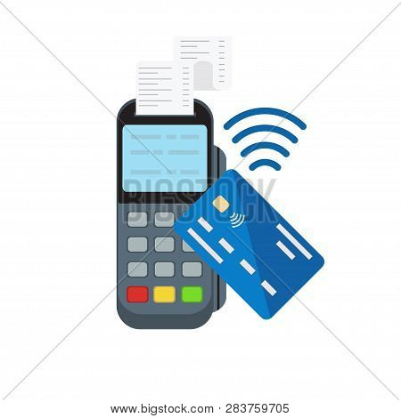Contactless Or Wireless Payment With Posterminal And Credit Card . Flat Style Vector Illustration.