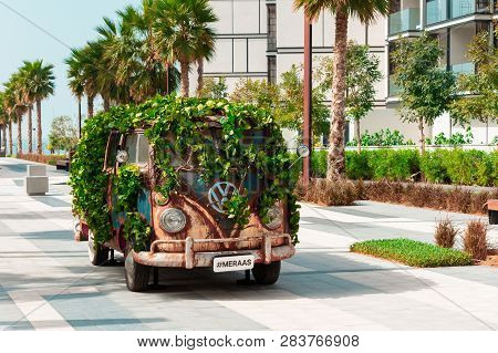 Bluewaters Island, Dubai, January 25, 2019, Small Truck Creatively Decorated With Green Branches