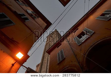 Bologna, Emilia Romagna, Italy. December 2018. The Tower Of Azzoguidi