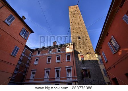 Bologna, Emilia Romagna, Italy. December 2018. The Prendiparte Tower, 59.5 Meters High.