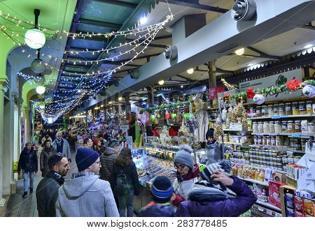 Modena, Emilia Romagna, Italy. December 2018. Interior Of The Albinelli Market,