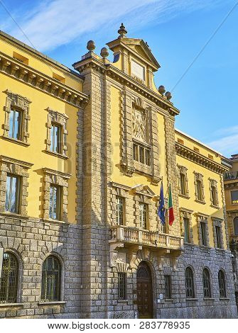 Bergamo, Italy - January 4, 2019. Main Facade Of Chamber Of Commerce Of Bergamo. Piazza Dante Alighi