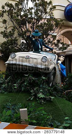 Osaka, Japan - Feb 11 2019 : Lupin The 3rd Car Chase Xr Ride At The Entrance Of Lupin And  Jigen Fig