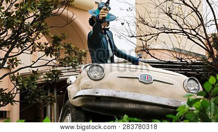 Osaka, Japan - Feb 11 2019 : Lupin The 3rd Car Chase Xr Ride At The Entrance Of Lupin And  Jigen Fig