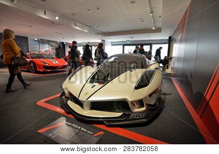 Maranello, Italy, December 2018. In The Ferrari Museum, The Exhibition Hall Dedicated To The Most Re