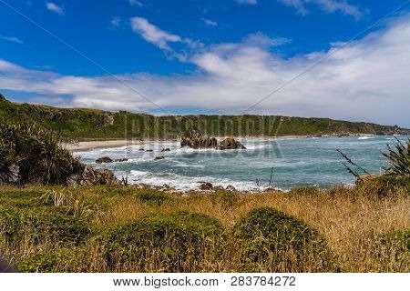 Amazing Coastline At Cape Foulwind Westport New Zealand, Great Coast With The Waves Of The Ocean In 