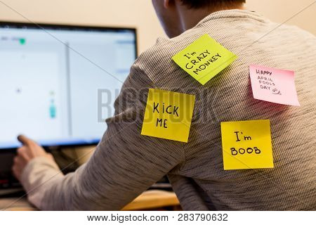 1 April Fools Day. Funny Day. April Fish. Prank. Inscriptions On The Back. Stickers With Jokes. Tric