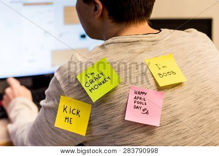1 April Fools Day. Funny Day. April Fish. Prank. Inscriptions On The Back. Stickers With Jokes. Tric