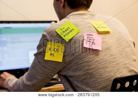 1 April Fools Day. Funny Day. April Fish. Prank. Inscriptions On The Back. Stickers With Jokes. Tric