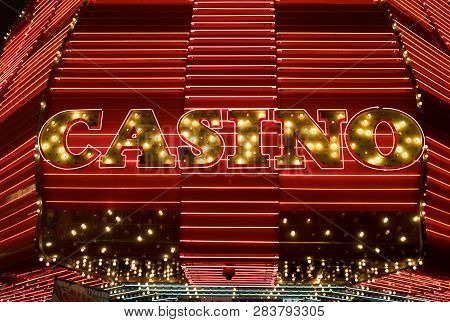 Las Vegas, Nevada - July 6 2009: The Illuminated, Red And Gold Neon Sign Above The Entrance Of The F