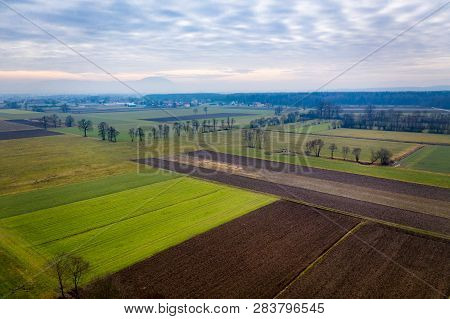 Aerial View On Rural Farmland In Slovenia, Europe, Vibrant Green Meadows And Brown, Ploughed Fields,
