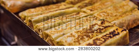 Stuffed Wrapped, Street Food From Wangfujing Street At Beijing, China Banner, Long Format