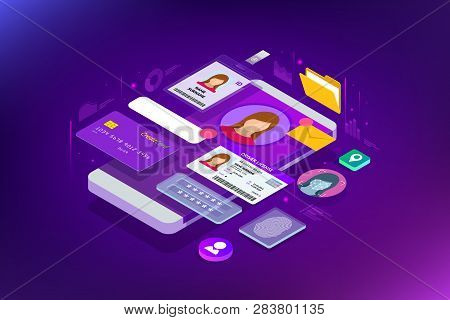 Isometric Personal Data Information App, Identity Private Concept. Digital Data Secure Banner. Biome