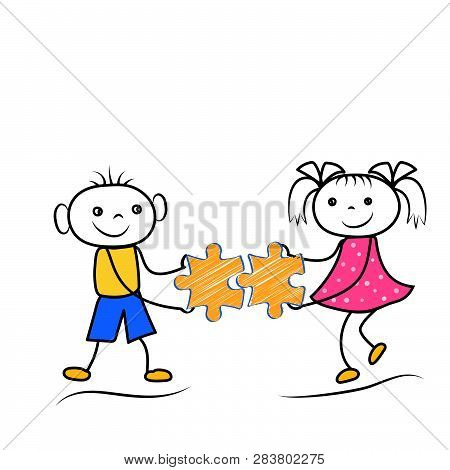 Stickman Boy And Girl Holding Puzzle Icons. Teamwork Or Problem Solving Cartoon Figures. Vector Illu