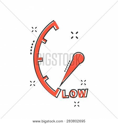 Cartoon Low Level Icon In Comic Style. Speedometer, Tachometer Sign Illustration Pictogram. Low Leve